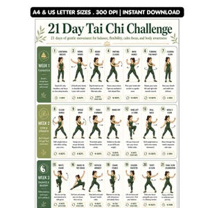 21 Day Tai Chi Challenge Printable Chart, Beginner Tai Chi Workout PDF, Daily Balance and Flexibility Routine, Printable Wellness Poster