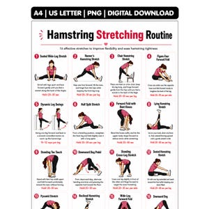 Può includere: Un poster digitale intitolato Hamstring Stretching Routine che presenta sedici illustrazioni numerate di una persona con maglietta rosa e leggings neri che esegue vari esercizi di stretching con istruzioni e tempi per ogni esercizio.