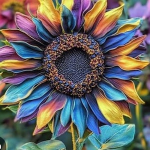 Puede incluir: Un girasol vibrante y multicolor con pétalos en tonos amarillos, naranjas, azules y morados. El centro es de color marrón oscuro con una apariencia texturizada. El tallo y las hojas son verdes. Un diseño floral único y colorido.