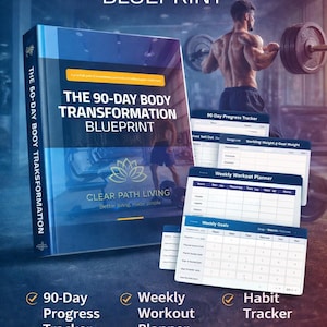 Op de afbeelding: Afbeelding met de tekst "THE 90-DAY BODY TRANSFORMATION BLUEPRINT" en een man die gewichten heft. Het bevat ook trackers voor voortgang, workouts en gewoontes. De afbeelding bevat de tekst "DOWNLOAD NOW".