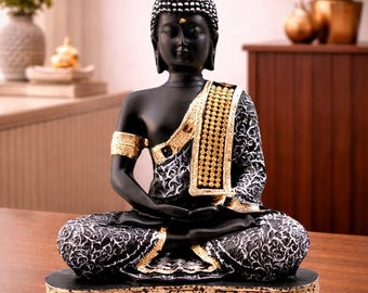 Luxury Sitting Buddha Statue | Resin Black Gold Idol | Meditation & Home Decor Showpiece