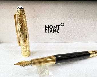 Montblanc Elephant Edition Goldener Schwarzer Füllfederhalter, Mittlere Nib Goldene Borte