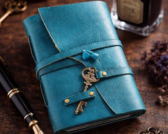 Vintage Style Leather Journal with Key Charm | Handmade Writing Diary