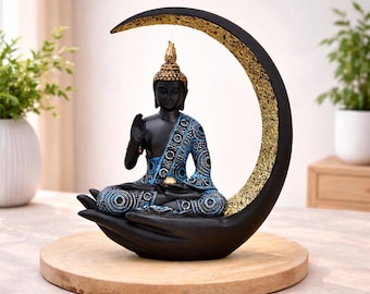 Big Buddha Crescent Moon Decor | Antique Resin Meditation Statue | Spiritual Gift