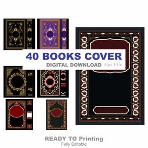 Könnte beinhalten: Eine Sammlung von Buchcover-Designs mit aufwendigen Mustern in Gold, Rot und Lila auf schwarzem Hintergrund. Der Text enthält "40 BOOKS COVER", "DIGITAL DOWNLOAD Eps File", "READY TO Printing" und "Fully Editable".