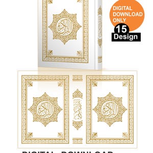 Könnte beinhalten: Weißes Buchcover-Design mit goldenen, verzierten Details und arabischer Kalligraphie. Das Bild enthält den Text "DIGITAL DOWNLOAD ONLY" und "15 Design". Die Vorlage ist eine editierbare Vektordatei, druckfertig für Cover, Events und kreative Projekte.
