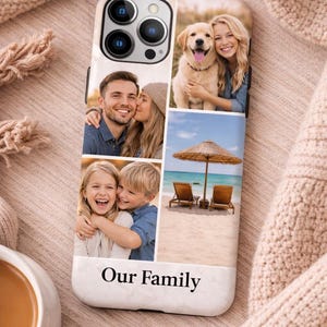 May include: A white phone case with a collage of family photographs. The case displays images of a couple, a woman with a dog, a beach scene, and two children. The words "Our Family" are printed on the bottom.
