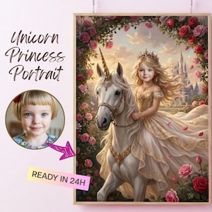 May include: A framed portrait featuring a young girl riding a white unicorn. The girl wears a gold dress and crown, set against a backdrop of roses and a castle. Text reads "Unicorn Princess Portrait."