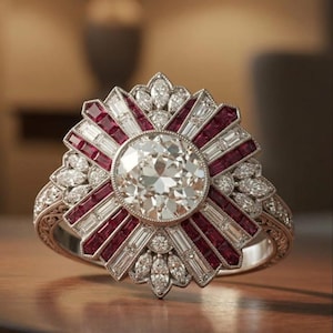 May include: A close-up of a diamond ring with a large, round, clear center stone. The ring features a sunburst design with alternating red and clear stones, set in a silver band. The ring is ornate and detailed, with a vintage aesthetic.