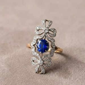 Vintage Edwardian Sapphire Ring, Blue Sapphire Bow Statement Ring in Solid Gold, Antique Art Deco Long Filigree Ring, Victorian Bowknot