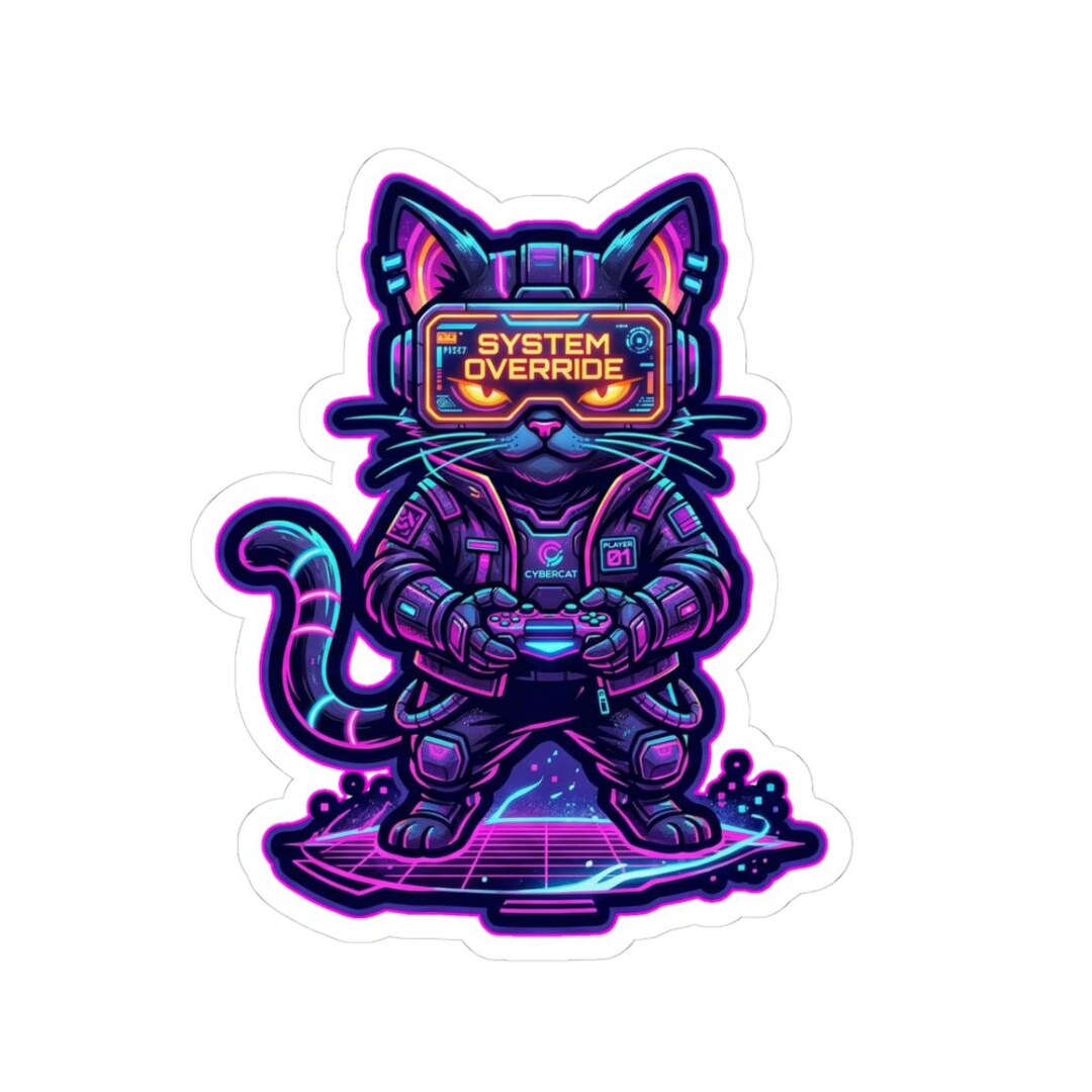 Cyberpunk Gamer Cat Sticker | Neon Synthwave Hacker Kitty Decal - Etsy