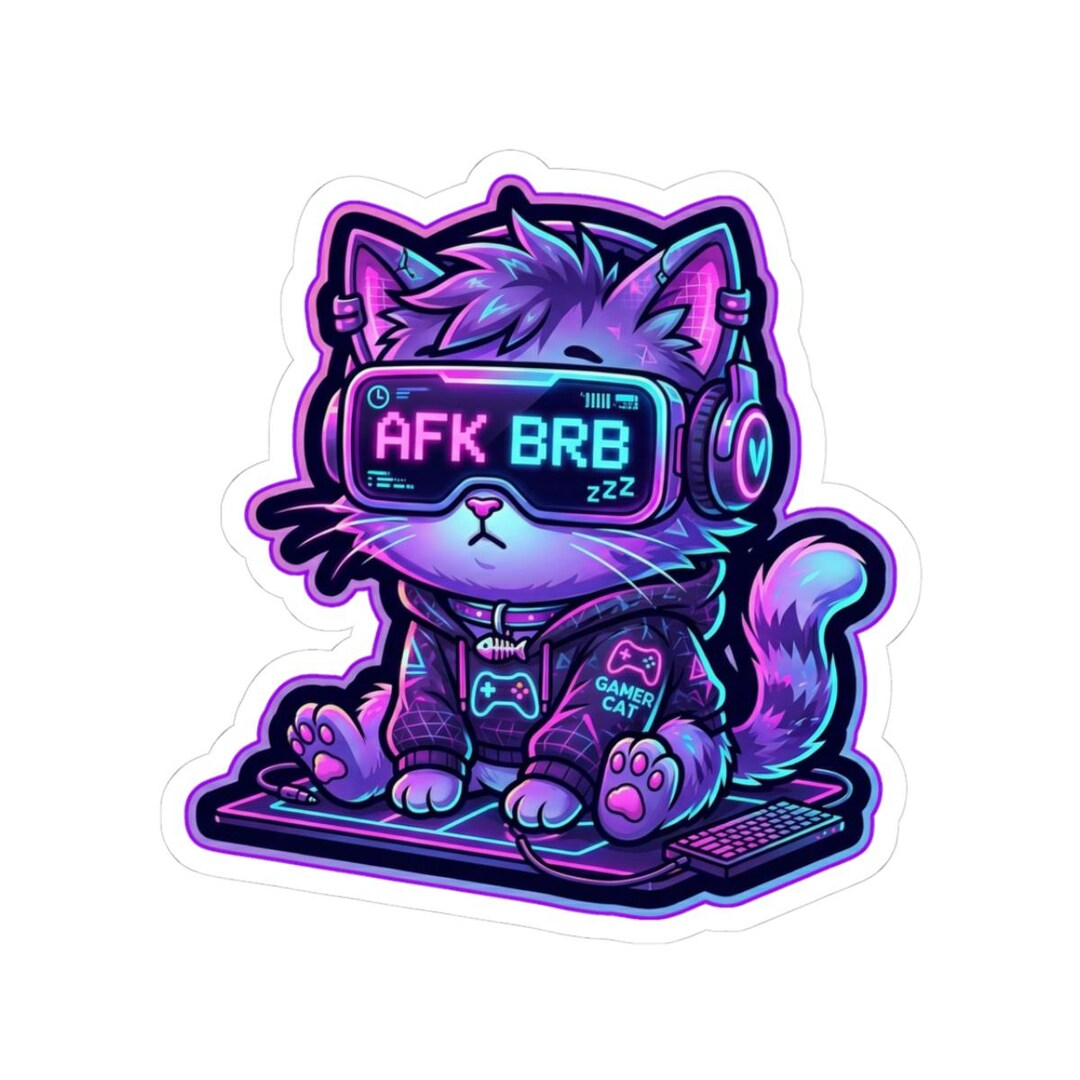 AFK Gamer Cat Sticker | Cyberpunk Kitty, Neon Synthwave Decal - Etsy
