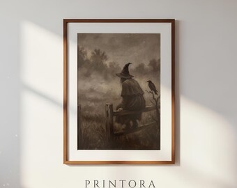 Witch and Raven in Fog-Moody Halloween Painting-Sepia Neutral Wall Art-Dark Academia Print-Digital Download