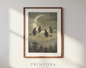 Witches Across the Moon-Vintage Halloween Oil Painting-Moody Grey Wall Art-Antique Witch Print-Digital Download
