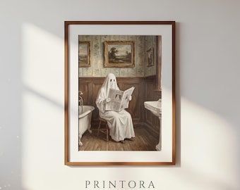 Ghost with the Newspaper-Funny Vintage Halloween Art-Warm Beige Wall Decor-Funny Bathroom Decor-Digital Download