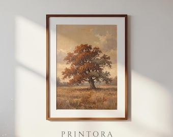 Lone Oak in Autumn-Vintage Landscape Painting-Rust and Gold Wall Art-Antique Pastoral Oil-Digital Download