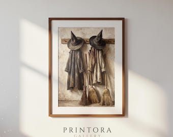 Hats and Brooms-Vintage Halloween Still Life-Muted Beige Wall Art-Antique Witchy Decor-Digital Download