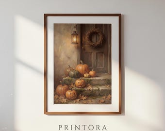 Pumpkins on the Steps-Vintage Pumpkin Wall Art-Burnt Orange Wall Decor-Farmhouse Fall Print-Digital Download