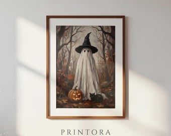Ghost in the Witch Hat-Vintage Ghost Wall Art-Dark Moody Wall Art-Cozy Halloween Decor-Digital Download