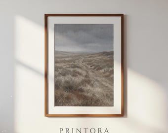 Open Moorland-Vintage Nordic Landscape Painting-Grey and Olive Wall Art-Minimal Antique Oil-Digital Download