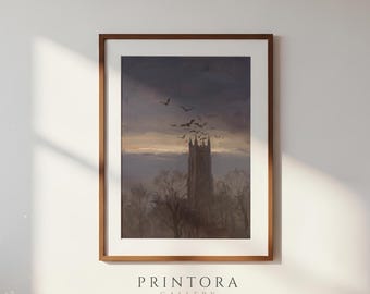 Bats over the Church-Vintage Gothic Halloween Art-Dusty Indigo Wall Decor-Antique Bat Print-Digital Download