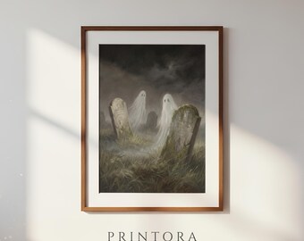 Ghosts Among the Stones-Gothic Halloween Painting-Muted Green Wall Art-Vintage Graveyard Print-Digital Download