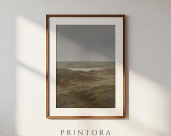 Danish Heath-Vintage Jutland Landscape Painting-Green and Brown Neutral Art-Nordic Oil Painting-Digital Download