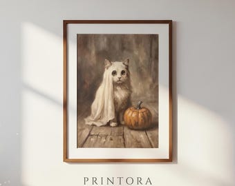 The Ghost Cat-Funny Vintage Cat Art-Cream and Brown Decor-Funny Halloween Decor-Digital Download