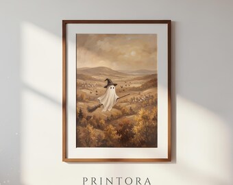 Ghost on a Broomstick-Vintage Halloween Landscape-Sepia Neutral Wall Art-Whimsical Halloween Art-Digital Download