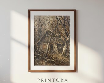 Cottage in the Dark Wood-Vintage Halloween Oil Painting-Deep Brown Wall Art-Witchy Cottage Print-Digital Download