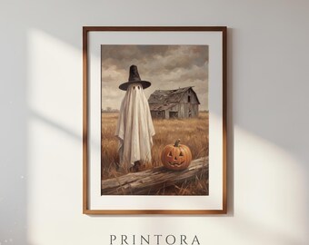 Ghost by the Old Barn-Vintage Farmhouse Halloween-Warm Beige Wall Decor-Farmhouse Fall Print-Digital Download