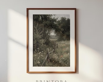 Forest Edge Meadow-Dark Moody Landscape Painting-Deep Green Wall Art-Vintage Nordic Oil-Digital Download