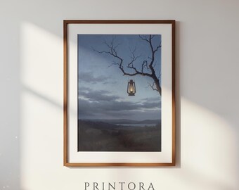 Lantern in the Branches-Vintage Halloween Oil Painting-Faded Gold Wall Decor-Dark Academia Halloween-Digital Download