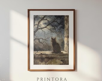 Black Cat on the Sill-Vintage Halloween Oil Painting-Charcoal Wall Art-Moody Cat Print-Digital Download