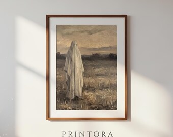 Ghost in the Field-Vintage Halloween Painting-Muted Neutral Wall Art-Cottagecore Ghost Print-Digital Download