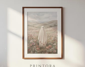 Ghost in the Wildflowers-Vintage Ghost Floral Art-Soft Pink Neutral Decor-Cottagecore Halloween-Digital Download
