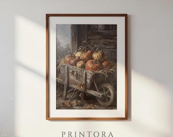 Pumpkins in the Barrow-Vintage Autumn Still Life-Rustic Orange Wall Art-Antique Harvest Print-Digital Download