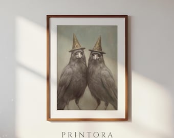 Two Crows in Hats-Whimsical Crow Portrait-Sage Green Wall Art-Dark Academia Halloween-Digital Download
