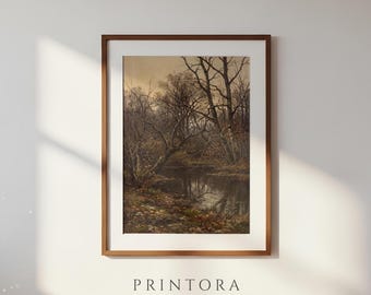 Woodland Pond-Dark Moody Landscape Painting-Vintage Brown Wall Art-Antique Oil Painting Print-Digital Download