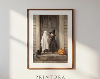 At the Door-Vintage Halloween Children Art-Cream and Charcoal Decor-Cottagecore Halloween-Digital Download