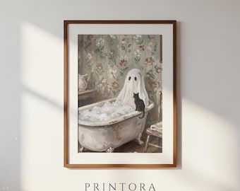 Ghost in the Bathtub-Vintage Halloween Bathroom Art-Muted Neutral Wall Art-Funny Bathroom Decor-Digital Download