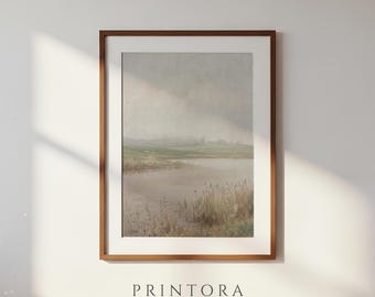 Northern Lake-Vintage Scandinavian Landscape-Muted Green Wall Art-Antique European Oil Painting-Digital Download