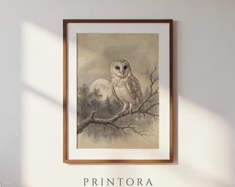 Owl and Moon-Vintage Halloween Naturalist Art-Bone and Grey Wall Decor-Antique Owl Print-Digital Download