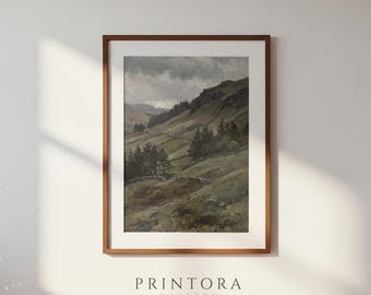 Highland Valley-Vintage Scottish Landscape Painting-Dark Green Moody Wall Art-Antique Oil-Digital Download