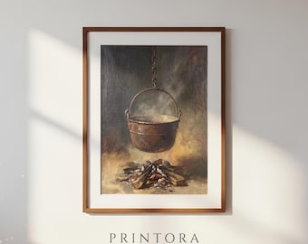 The Cauldron-Vintage Witchy Oil Painting-Warm Amber Wall Art-Antique Halloween Decor-Digital Download