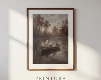 Ghosts in the Rowing Boat-Vintage Ghost Wall Art-Earth Tone Wall Art-Whimsical Halloween Art-Digital Download
