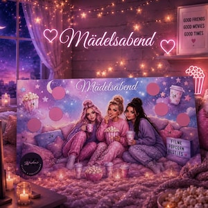 Könnte beinhalten: Ein rechteckiges Poster mit drei Personen, die mit Popcorn und Getränken auf einem Bett sitzen, vor einem violetten und rosafarbenen Sternenhintergrund. Der Text Mädelsabend steht oben, ergänzt durch mehrere rosa Kreissymbole und eine Box mit der Aufschrift FILME POPCORN BESTIES.
