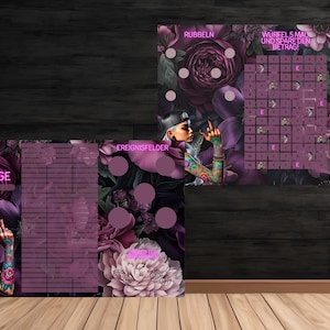 Könnte beinhalten: Ein Satz von drei dekorativen Spielbrettern mit floralem und Tattoo-Design. Die Bretter haben ein lila-rosa Farbschema mit Text, der "Team Challenge" und anderen deutschen Text enthält. Die Bretter haben einen dunklen Holzuntergrund.