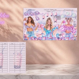 Könnte beinhalten: Ein Set aus bedrucktem Papier mit Illustrationen von Personen und Bubble-Tea-Getränken in Rosa-, Lila- und Blautönen. Das Design enthält den Text Bubbletea Time, ein Raster zur Nachverfolgung sowie Angaben zu 250g Papier und Klappkarten.