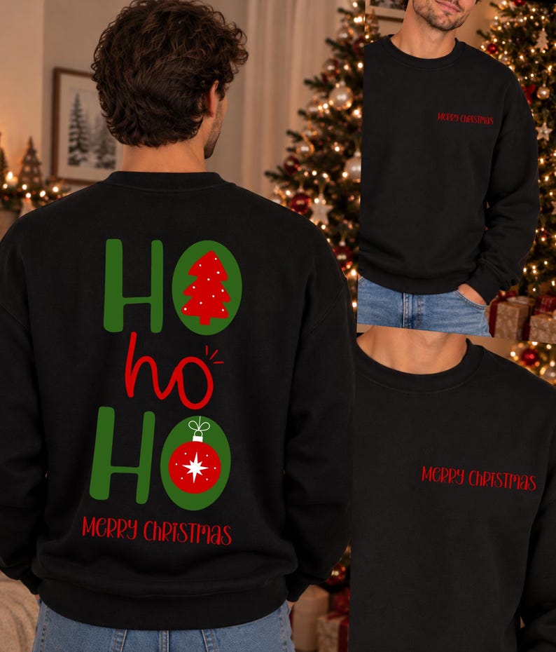 Pode incluir: Uma camisola preta de manga comprida com um gr&aacute;fico nas costas que inclui o texto verde HO HO HO, uma &aacute;rvore de Natal vermelha, um ornamento vermelho e o texto vermelho MERRY CHRISTMAS. O peito exibe o texto vermelho MERRY CHRISTMAS.